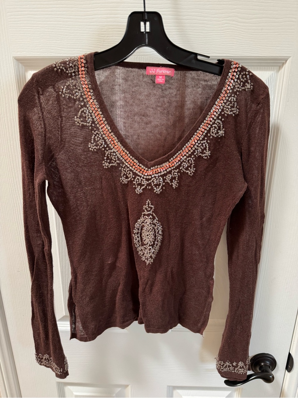 JJ Forever Brown Long-Sleeve V-Neck Top with Bead Embellishments
